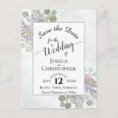 Elegant Save the Date Eucalyptus & Lavender White Ankündigungspostkarte (Vorderseite)