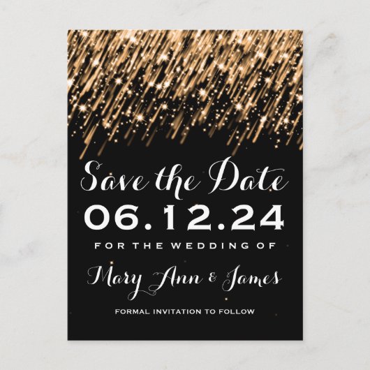 Elegant Save the Date Falling Stars Gold Ankündigungspostkarte (Vorderseite)
