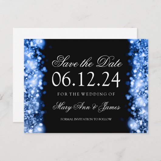 Elegant Save the Date funkelnd Lights Saphire Ankündigungspostkarte (Vorne/Hinten)