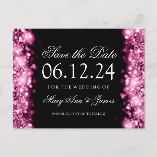 Elegant Save the Date funkelnde Lichter rosa Ankündigungspostkarte (Vorderseite)