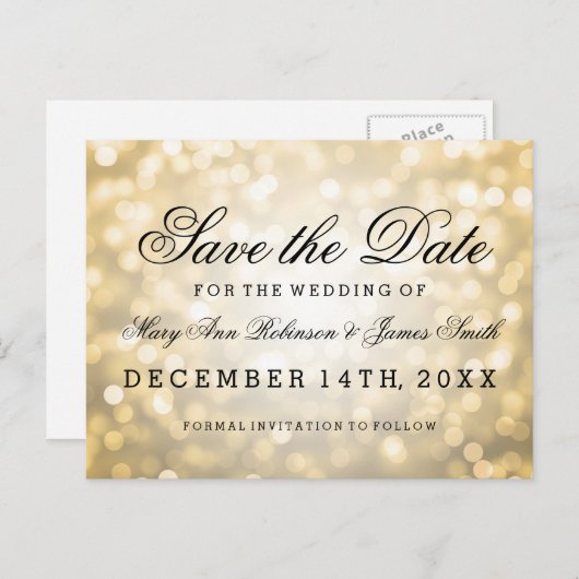 Elegant Save the Date Gold Glitzer Lights Ankündigungspostkarte (Vorne/Hinten)