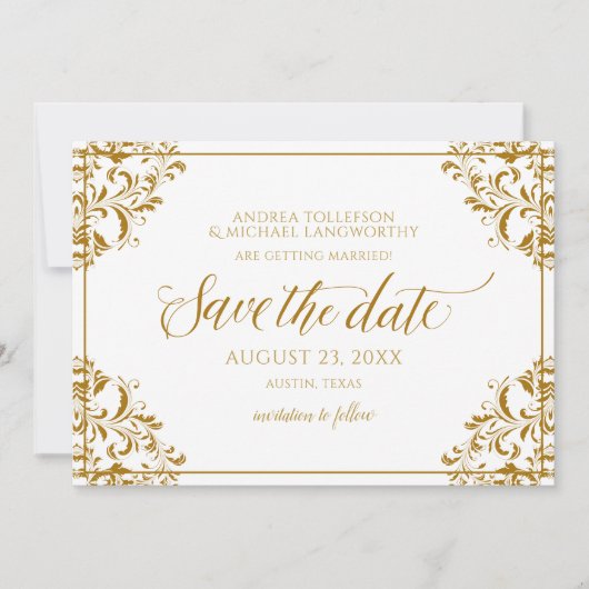 Elegant Save the Date Hochzeit Vintag Gold Einladung (Vorderseite)