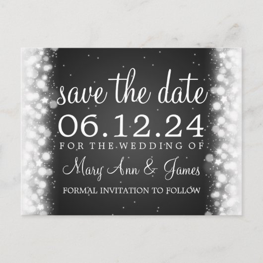 Elegant Save the Date Magic Sparkle Black Ankündigungspostkarte (Vorderseite)