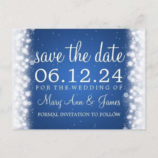 Elegant Save the Date Magic Sparkle Blue Ankündigungspostkarte (Vorderseite)