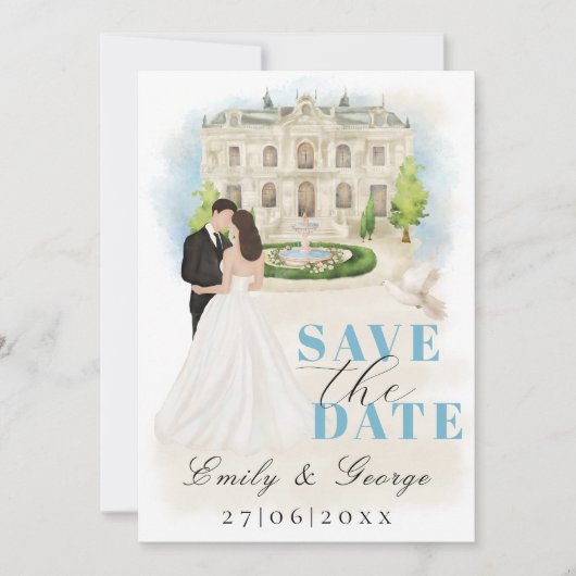 Elegant Save the Date mit Braut und Bräutigam Einladung (Vorderseite)