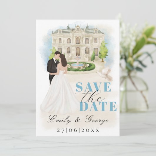 Elegant Save the Date mit Braut und Bräutigam Einladung (Stehend Vorderseite)