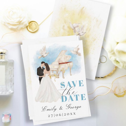 Elegant Save the Date mit Bride & Groom Piano Einladung