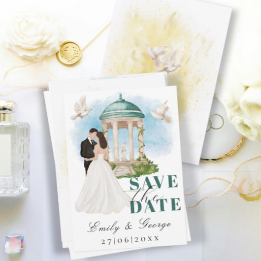 Elegant Save the Date mit Bride und Groom Gazebo Einladung