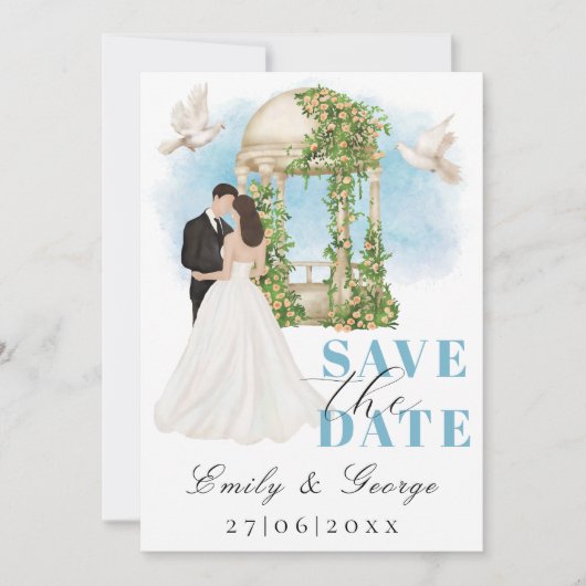 Elegant Save the Date mit Bride und Groom Gazebo Einladung (Vorderseite)