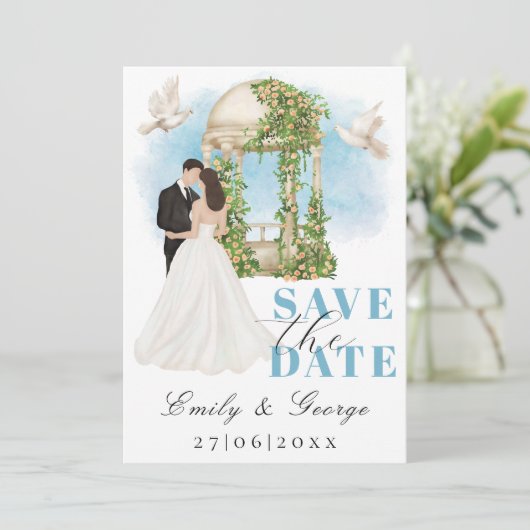 Elegant Save the Date mit Bride und Groom Gazebo Einladung (Stehend Vorderseite)