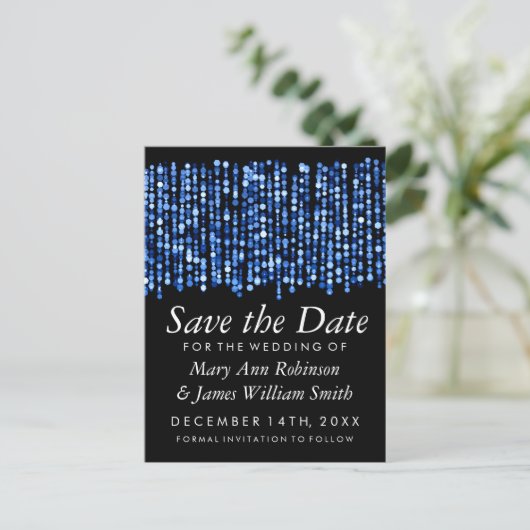 Elegant Save the Date Moderne blaue Lichter Ankündigungspostkarte (Stehend Vorderseite)