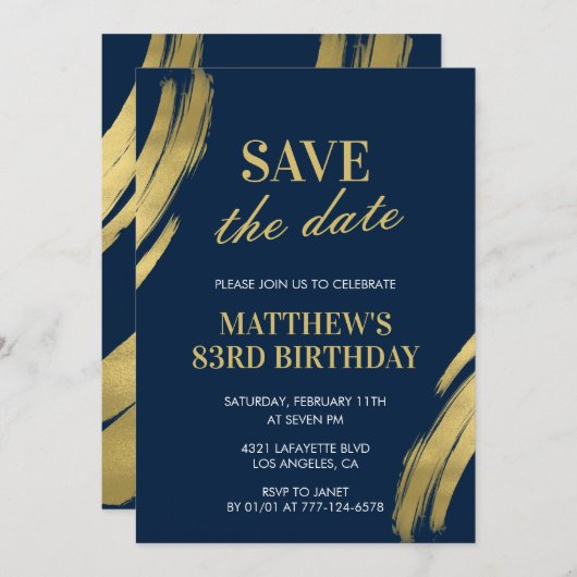 Elegant Save the Date Navy Gold 83. Einladung (Vorne/Hinten)