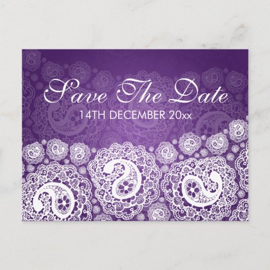 Elegant Save the Date Paisley Lace Lila Ankündigungspostkarte (Vorderseite)