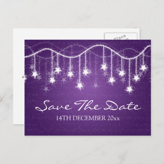 Elegant Save the Date schimmernde Sterne Lila Ankündigungspostkarte (Vorne/Hinten)