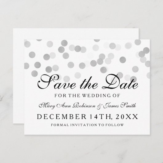 Elegant Save the Date Silver Foil Glitzer Lights Ankündigungspostkarte (Vorne/Hinten)