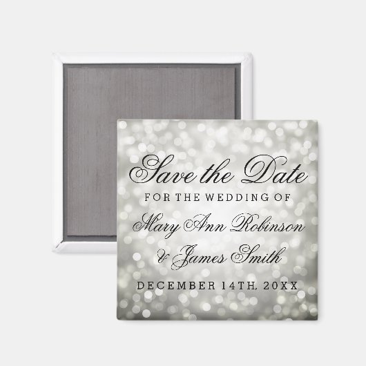 Elegant Save the Date Silver Glitzer Lights Magnet (Vorderseite/Rückseite)