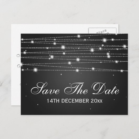 Elegant Save the Date Sparkling Lines Black Ankündigungspostkarte (Vorne/Hinten)