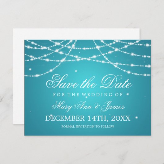 Elegant Save the Date Sparkling String Türkise Ankündigungspostkarte (Vorne/Hinten)