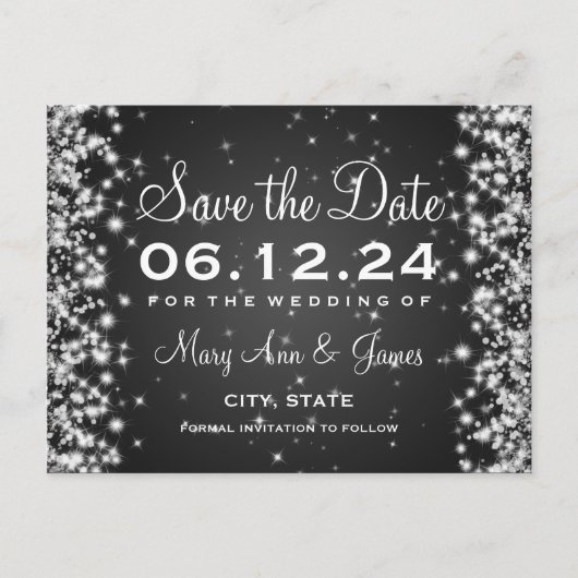 Elegant Save the Date Winter Sparkle Black Ankündigungspostkarte (Vorderseite)