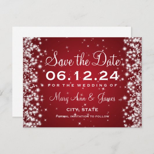 Elegant Save the Date Winter Sparkle Red Ankündigungspostkarte (Vorne/Hinten)