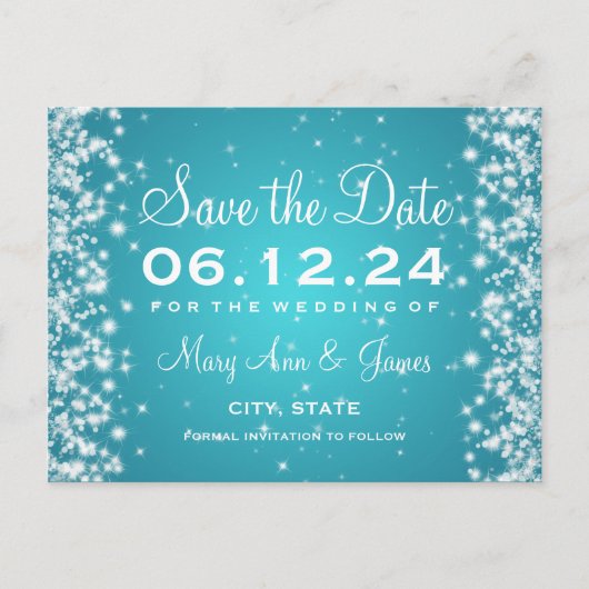 Elegant Save the Date Winter Sparkle Türkis Ankündigungspostkarte (Vorderseite)