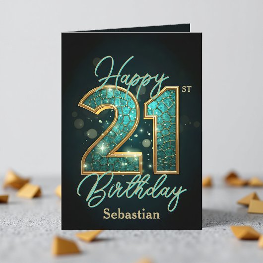 Elegant schimmernd Aquamarin und Gold 21. Geburtst Karte