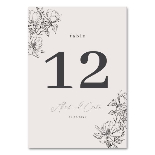 Elegant schlicht mit Line Art Blume & Border Tischnummer (Rückseite)