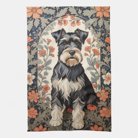 Elegant Schnauzer William Morris Inspired Floral Geschirrtuch (Vertikal)
