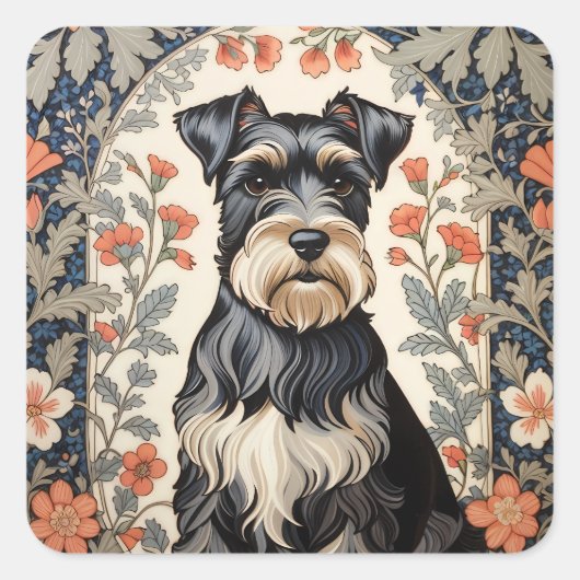 Elegant Schnauzer William Morris Inspired Floral Quadratischer Aufkleber (Vorderseite)