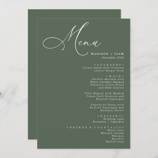 Elegant Schöne Kalligrafie Hochzeitgrün Menükarte (Vorne/Hinten)