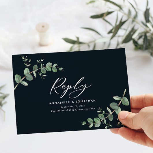 Elegant schwarz Eukalyptus Greenery Wedding RSVP