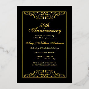 Elegant Schwarz Gold 50. Hochzeitstag  Folieneinladung