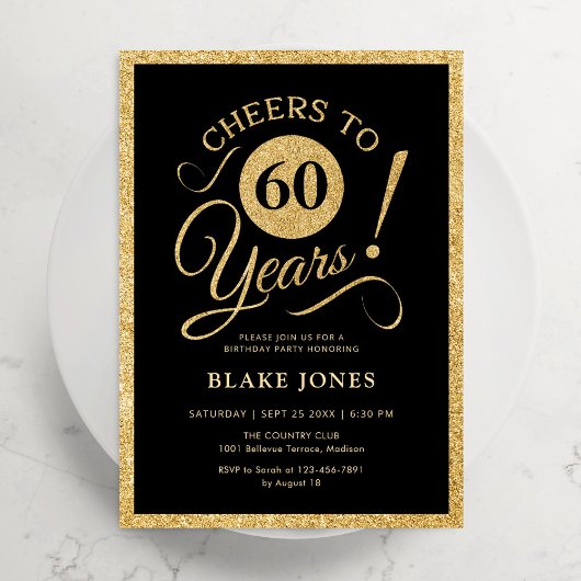Elegant Schwarz Gold 60. Geburtstag Einladung