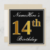 Elegant, schwarz, Imitate Gold 14. Geburtstag + Na Einladung (Vorne/Hinten)