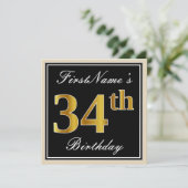 Elegant, schwarz, Imitate Gold 34. Geburtstag + Na Einladung (Stehend Vorderseite)