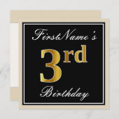 Elegant, Schwarz, Imitate Gold 3. Geburtstag + Nam Einladung (Vorne/Hinten)