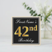 Elegant, schwarz, Imitate Gold 42. Geburtstag + Na Einladung (Stehend Vorderseite)