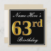 Elegant, schwarz, Imitate Gold 63. Geburtstag + Na Einladung (Vorne/Hinten)