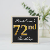 Elegant, schwarz, Imitate Gold 72. Geburtstag + Na Einladung (Stehend Vorderseite)