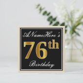 Elegant, schwarz, Imitate Gold 76. Geburtstag + Na Einladung (Stehend Vorderseite)