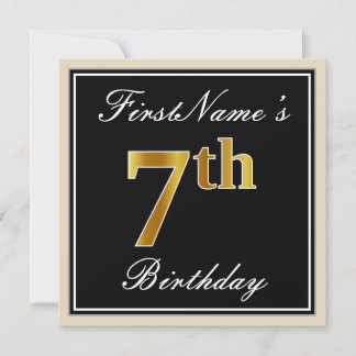 Elegant, schwarz, Imitate Gold 7. Geburtstag + Nam Einladung