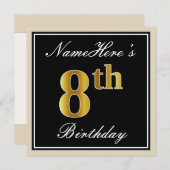 Elegant, schwarz, Imitate Gold 8. Geburtstag + Nam Einladung (Vorne/Hinten)