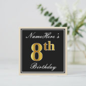 Elegant, schwarz, Imitate Gold 8. Geburtstag + Nam Einladung (Stehend Vorderseite)