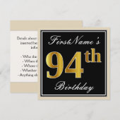 Elegant, schwarz, Imitate Gold 94. Geburtstag + Na Einladung (Vorne/Hinten)