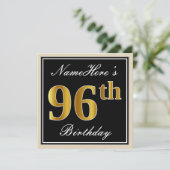 Elegant, schwarz, Imitate Gold 96. Geburtstag + Na Einladung (Stehend Vorderseite)