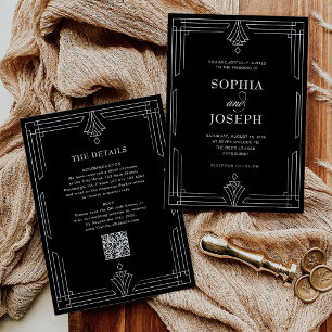 Elegant Schwarz QR-Code All-in-One-Hochzeit Einladung