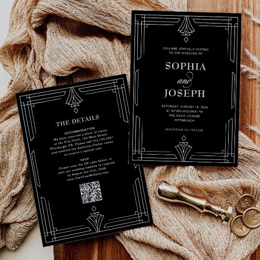 Elegant Schwarz | QR-Code All-in-One-Hochzeit Einladung