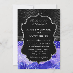 Elegant Schwarz Silber Lila Achat Glitter Hochzeit Einladung