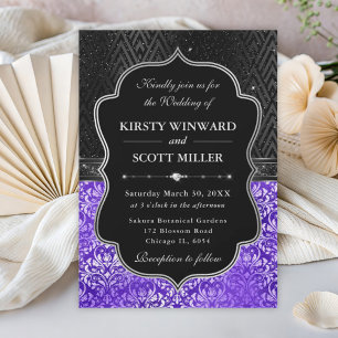 Elegant Schwarz Silber Lila Blumen Glitter Hochzei Einladung