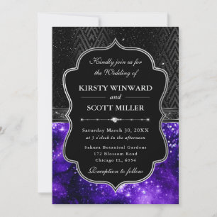 Elegant Schwarz Silber Lila Galaxy Glitter Hochzei Einladung